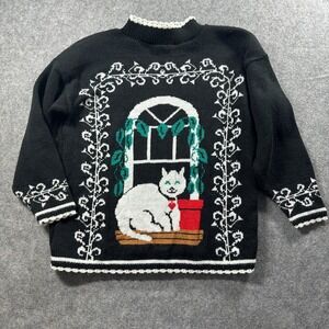 Vtg 80s Spunky Cat Sweater Womens M? Black Mock Neck Fairy Kei Novelty USA Made